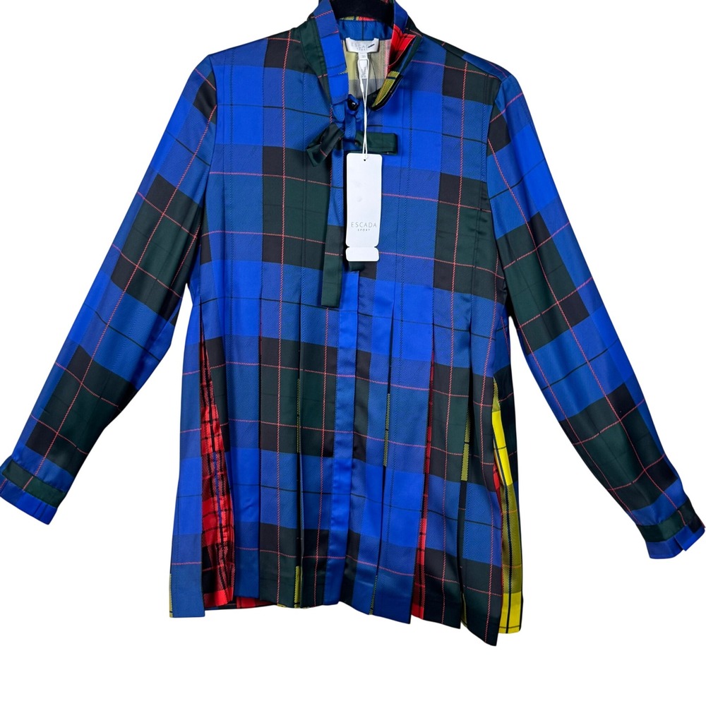 Escada Sport NWT Plaid Pleated Tunic Dress Top Blue Multicolor Silk‎ EU 36
